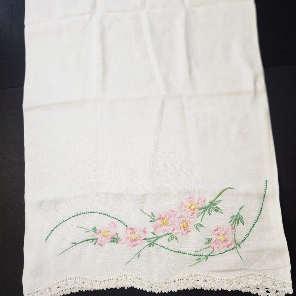 Pair of Vintage Pillowcases With Embroidered Pink Flowers & Crocheted Edge